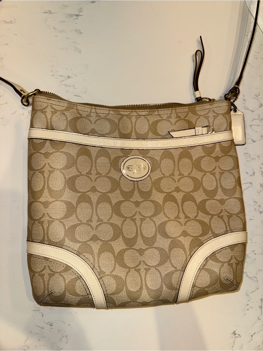 Coach Beige Signature Canvas Crossbody with Cream Trim